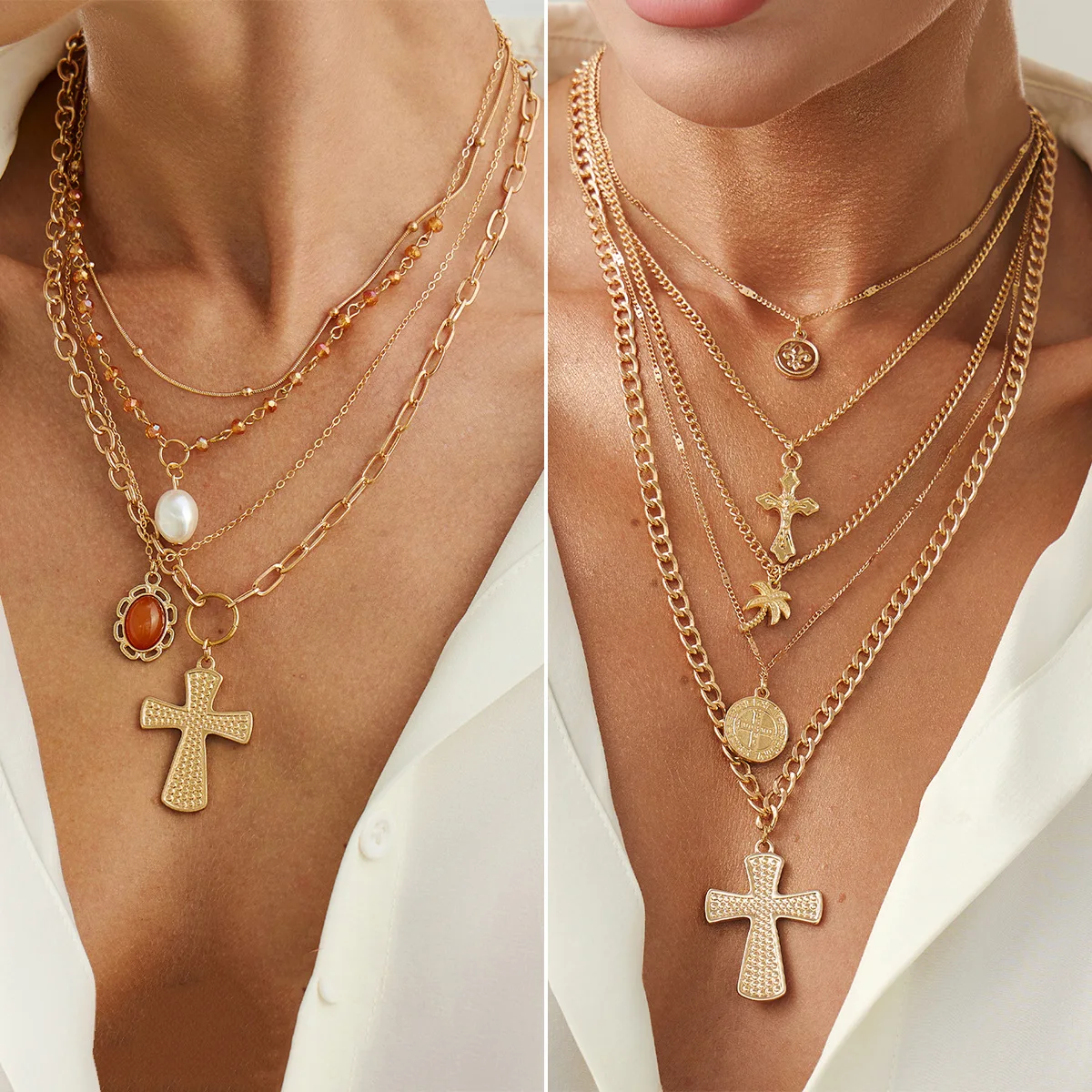 Necklace Coconut Tree Cross Pendant with Faux Pearl Gemstone and Durable Silver Adjustable Chain for Women Resort Casual