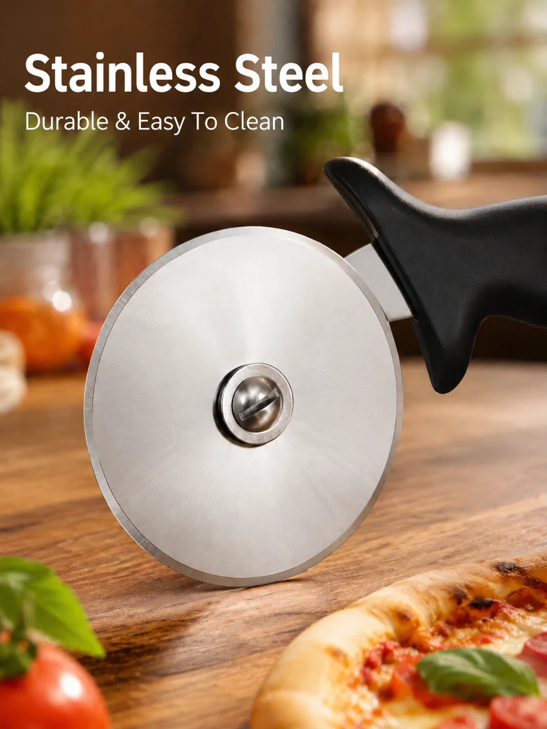 Stainless Steel Pizza Cutter Wheel, Round Rolling Pizza Slicer with Ergonomic Black Handle, Sharp Rotary Blade for Pizza, Flatbread, Pastry, Pie, BBQ Dough and Baking Prep, Easy-Grip Kitchen Cutting Tool for Home Cooking
