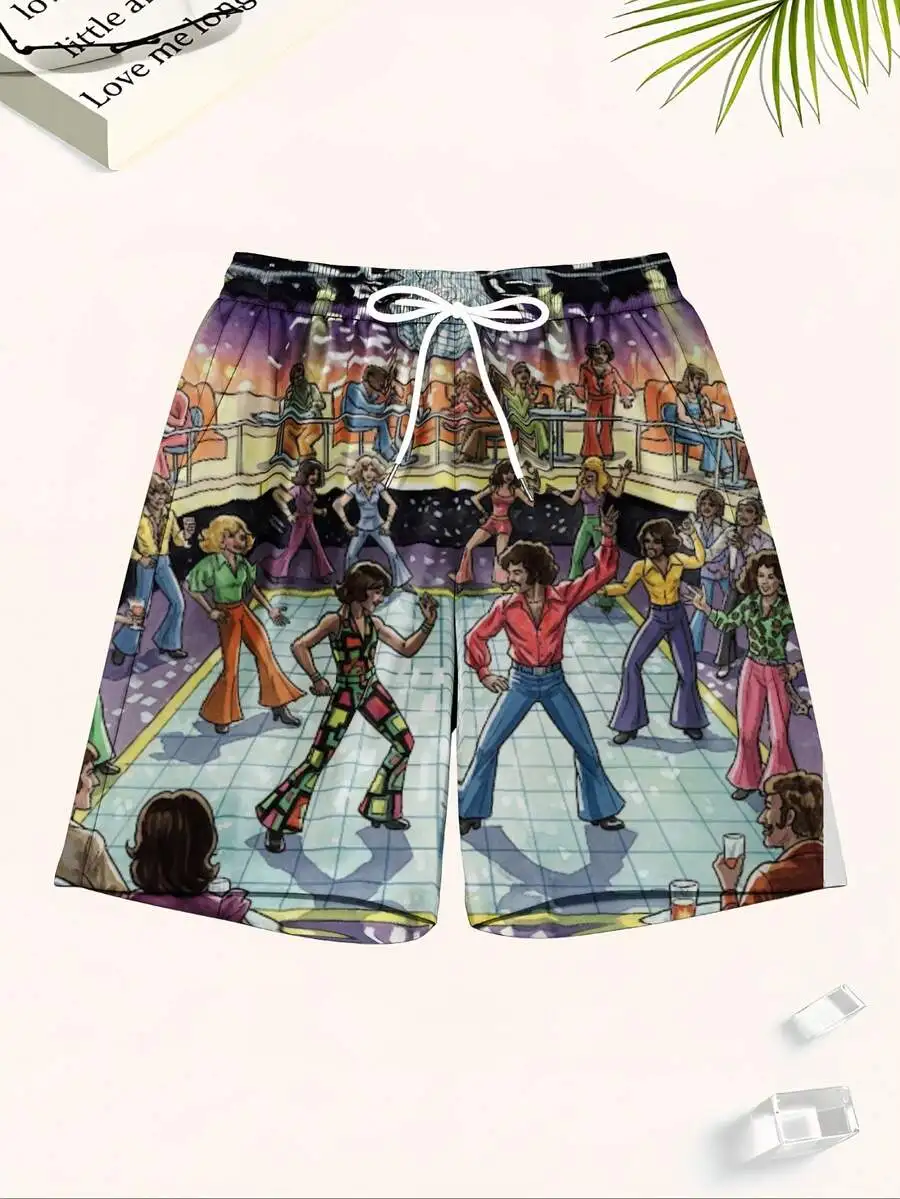 

Retro Disco Dance Party Mens Swim Trunks 70s Style Print Elastic Waist