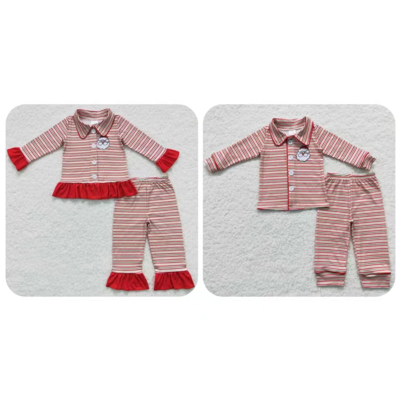 

Children Long Sleeves Button Down Set Boy Girl Christmas Embroidery Santa Sleepwear Stripes Pants Kids Outfit Infant Pajamas