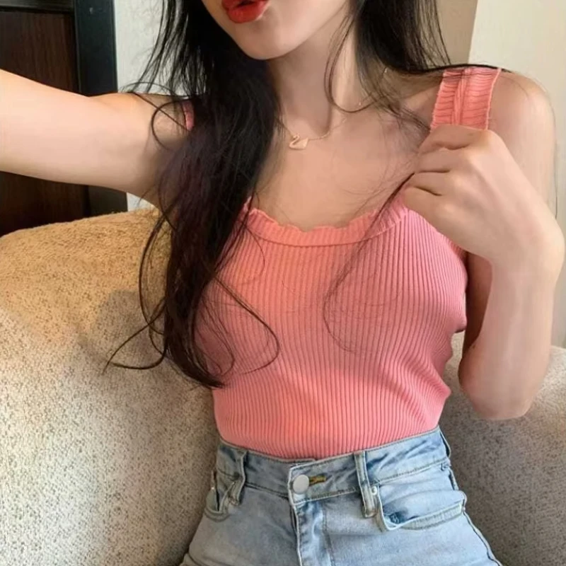 ต้นไม้กินได้เชื้อราเสื้อผู้หญิงถักน่ารักน่ารักนักเรียน All-Match ฤดูร้อนเสื้อผ้า Preppy สไตล์เกาหลีแขนกุด