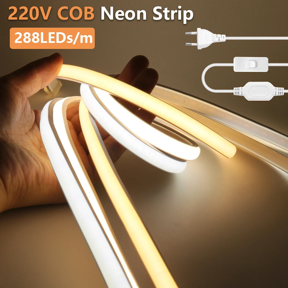 

220V COB LED Strip Dimmable 288LEDs/m High Density Waterproof LED Neon Rope Light Lamp 3000K 4000K 6000K Linear Lighting