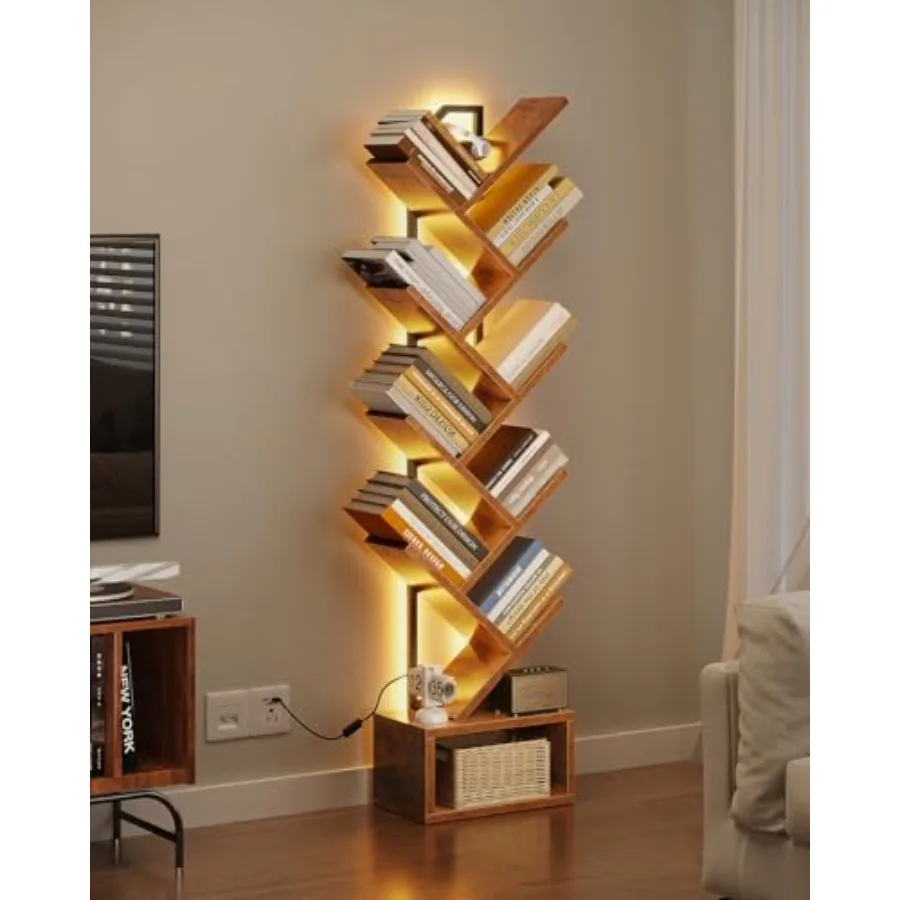 Tree Bookshelf with LED Lights, Narrow Bookcase for Small Spaces, Tall Steel and Wood Storage Shelf with Cabinet, Home Decor an