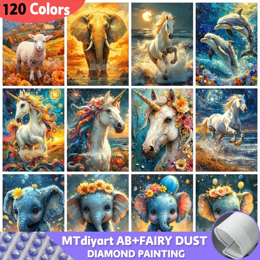 Elephant 120 Colors AB Fairy Dust Diamond Painting Set Horse Full Square Round Embroidery Mosaic Animals Fantasy Home Decor