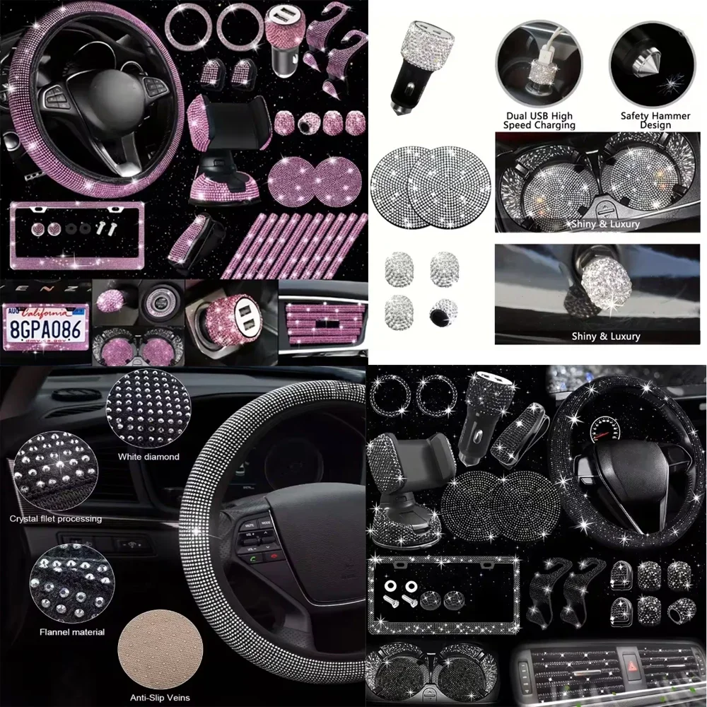 

Automotive accessories embedded with pink diamonds, rhinestone interiors, essential car products - a variety of choices
