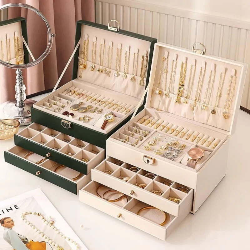 Large Capacity Quilted PU Leather Jewelry Box With Lock  Multi-layer Drawer Jewellery Organizer Removable Dividers Storage Case