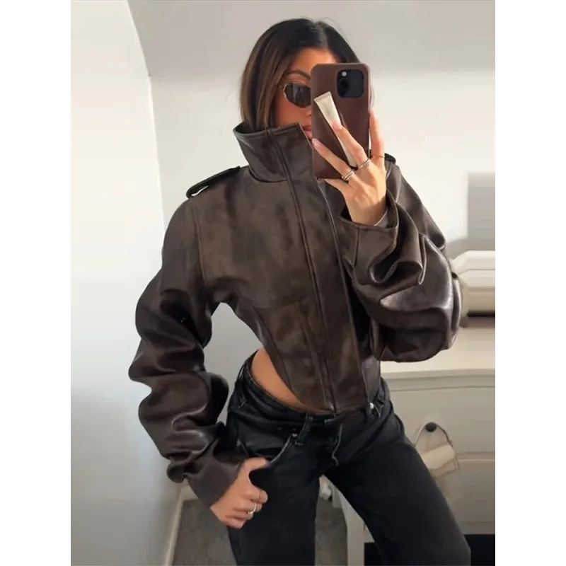 

Vintage Women's Cropped Faux Leather Jacket Stand Collar Balloon Sleeve Biker Style PU Leather Coat Streetwear Fashion Top