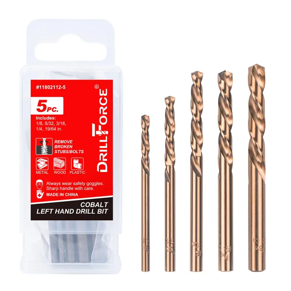 

5PCS M35 Cobalt Left Hand Drill Bits Set for Removing Broken Bolts, Screws, Reverse Twist, 1/8"-19/64"