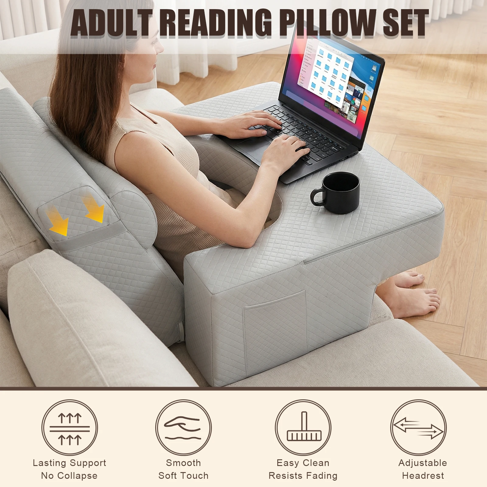 

Подушка для отдыха в кровати для взрослых с карманами и поддержкой для рук, обеспечивающая полную поддержку спины и шеи, для работы, игр и использования на кровати, полу или диване.