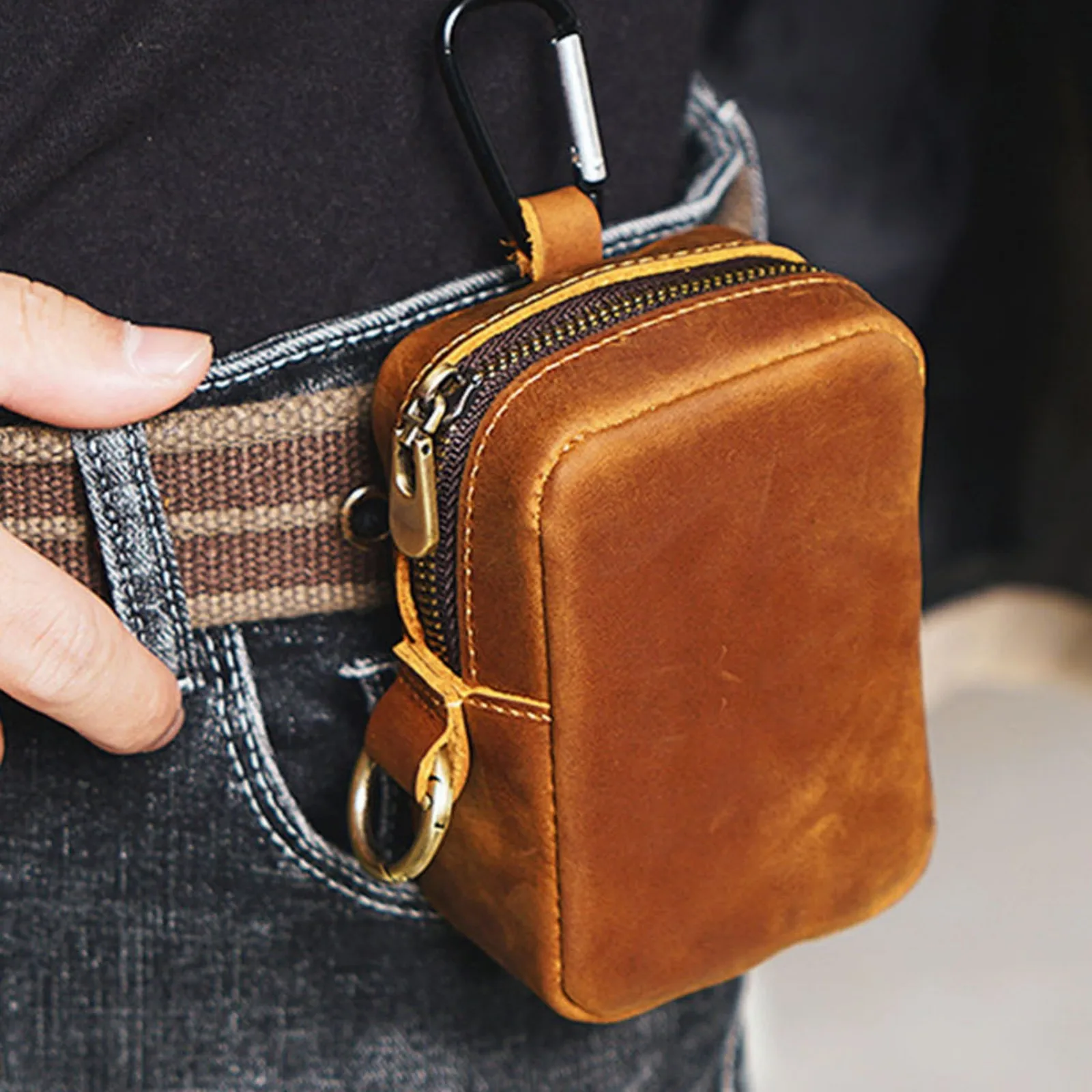 حقيبة صغيرة من الجلد الطبيعي مع محفظة للعملات المعدنية بحامل مفاتيح بسحاب |   حقيبة خصر بحزام للمفاتيح وسماعات الأذن ومحفظة صغيرة عتيقة للعملات المعدنية