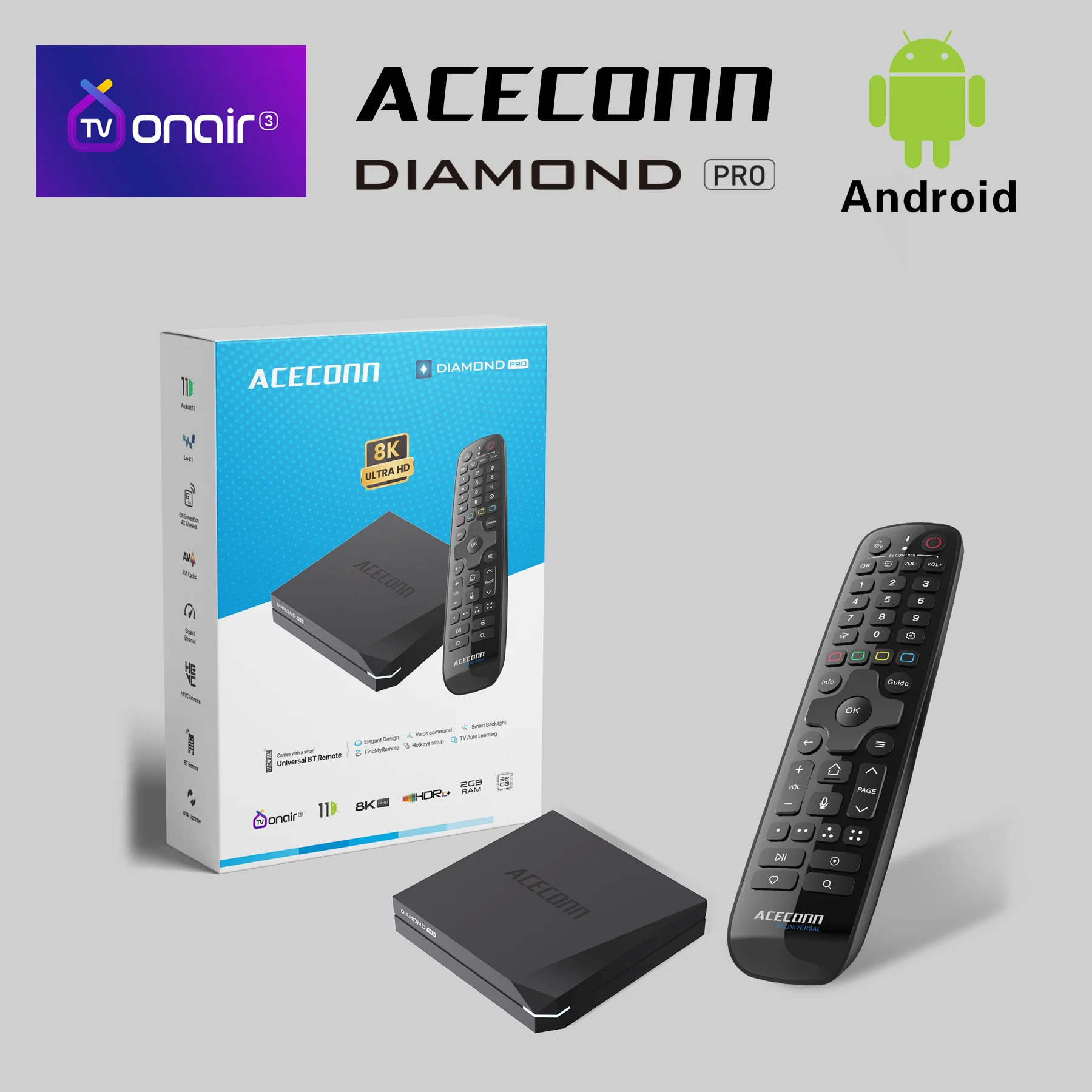 ACECONN Diamond Pro потоковая передача Android iptv box 4K 8K TVONAIR3 2G 32 ГБ WiFi6 Gigabit BT Поддержка голосового удаленного управления Подсветка ТВ-приставки