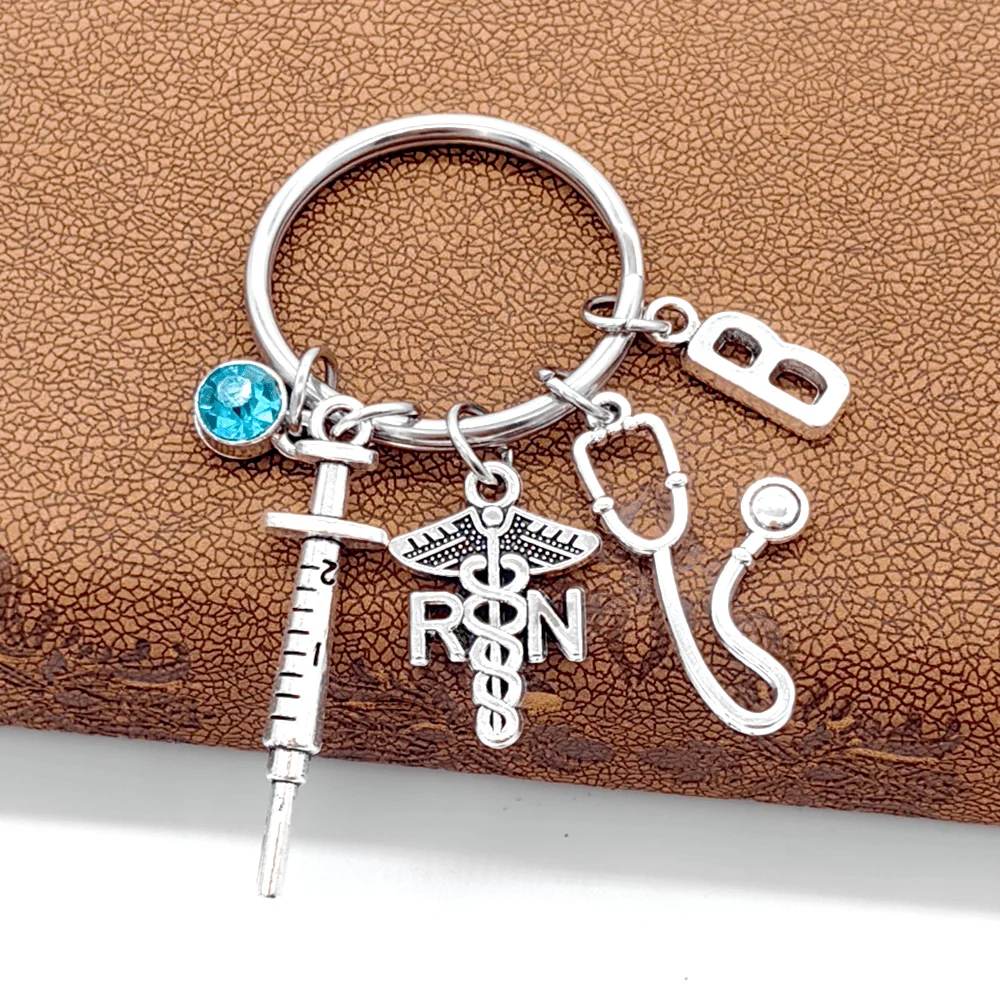 1Pc RN Registered Nurse Gifts Medical Caduceus Keychain Blue Crystal Initial Letter Keyring Women Men Jewelry For Graduation