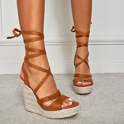Luxury Women's Sandals Party Narrow Band Ankle Strap Flock 13.5CM Wedges Height Increasing Mature High Quality Shoes For Women