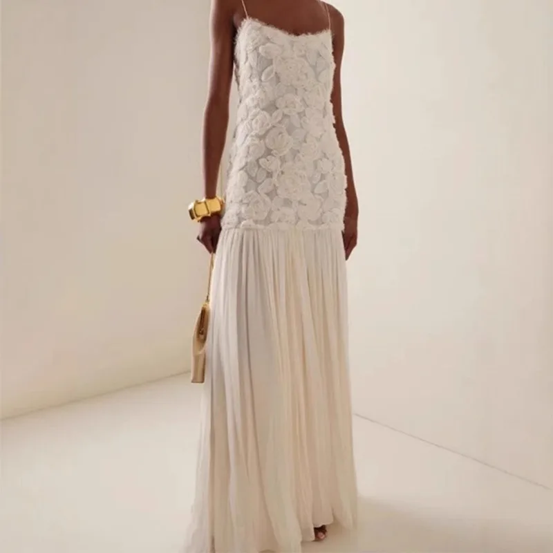 

Women Summer Party Club Evening Gown Bodycon Applique Flowers Spliced White Elegant Slim V Neck Spaghetti Straps Holiday Dress
