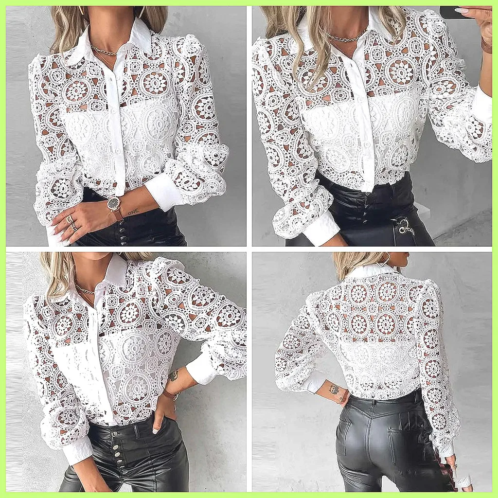 2025 Women's White Lace Shirt, Elegant Hollow Out Vintage Top Long Sleeve Blouse