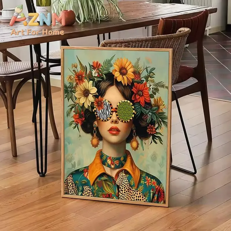 Fantasy Colorful Flower Girl Poster Print for Living Room Home Decor Surrealism Woman Portrait Canvas Painting Wall Art Unframed