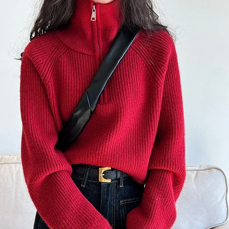 2024 Autumn Winter Half Zipper Short Sweaters Women\'s Christmas High Neck Red Knitted Top  Loose Pullover Sweater Coat