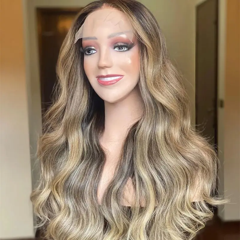 

Ombre Коричневый Блондин Синтетический Парик Фронта Шнурка Предварительно Сорванные Реалистичные Волосы с Детскими Волосами Бесклеевые Парики Свободная Часть Парик Женский Парик