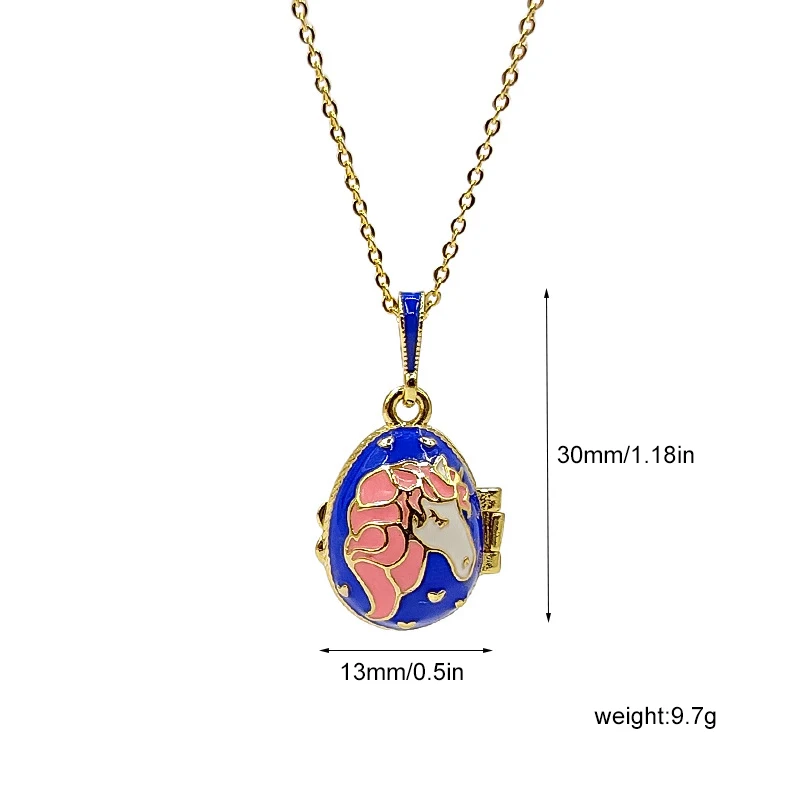 Enamel Unicorn Faberge Easter Egg Pendant Necklace Jewelry Locket Vintage Crystal Angel Inside Christmas Thanksgiving Gift