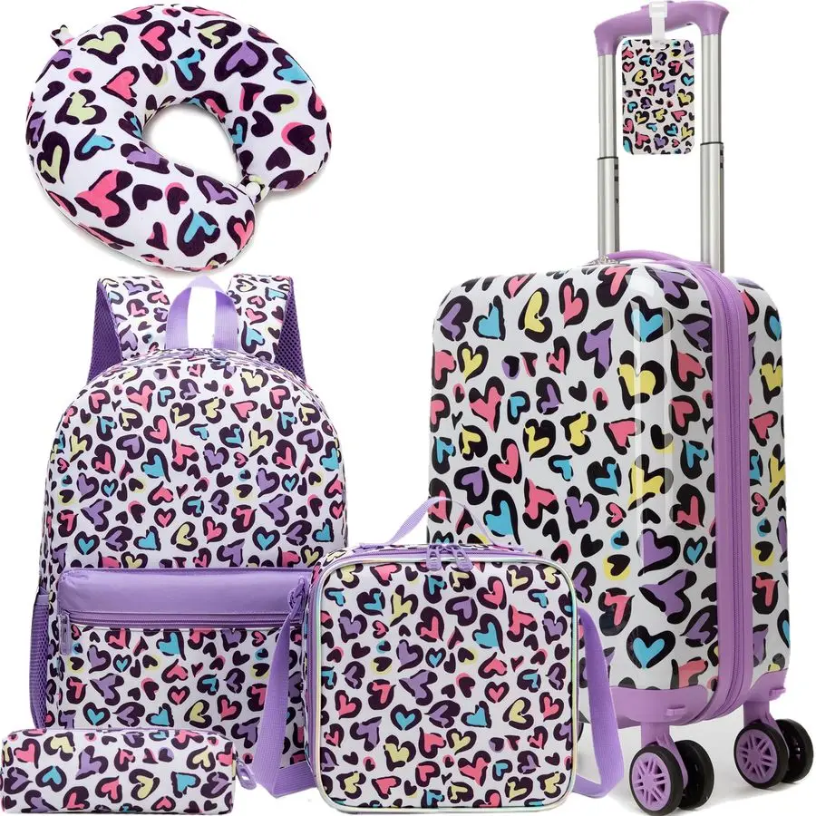

Carry on Luggage Set 5 Piece Kids Luggage with Wheels Backpack with Lunch Box 16 Toddler Suitcase for Girls Airline Approved Rai