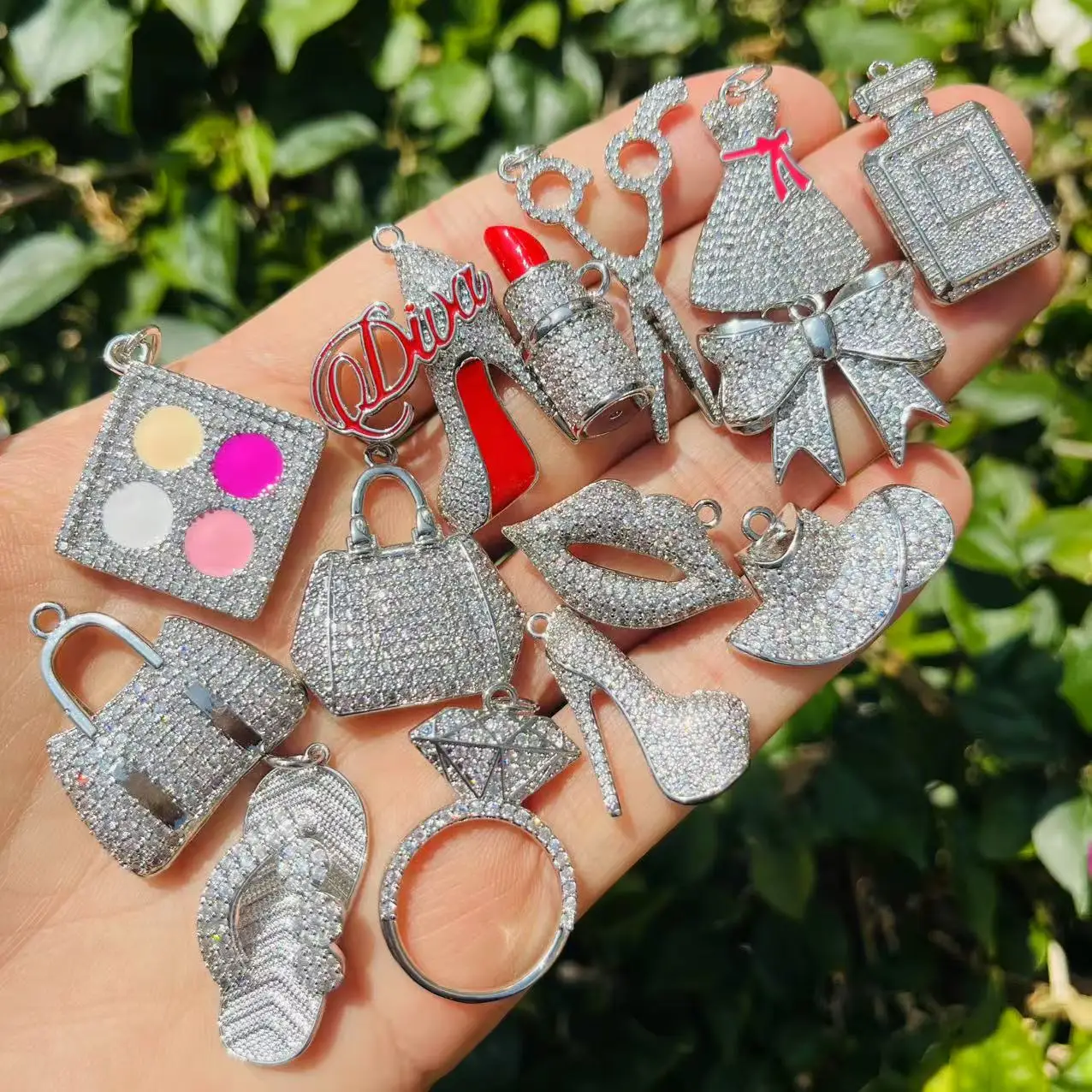 14Pcs/Lot Zirconia Pave Fashion Handbag Lipstick Hat High Heel Hat Charms Mix for Women Custom Design Bracelet Jewelry Making
