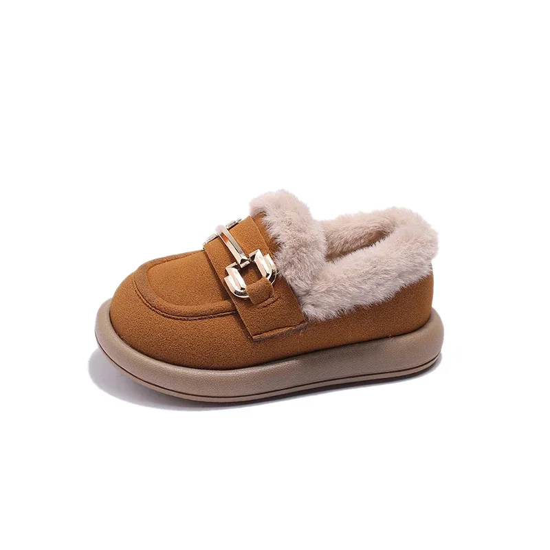 Kids Fashion Girls Leather Shoe Versatile Warm Cotton Children Boys Casual Shoes Platform Simple Solid Color Slip-on Boys Loafer