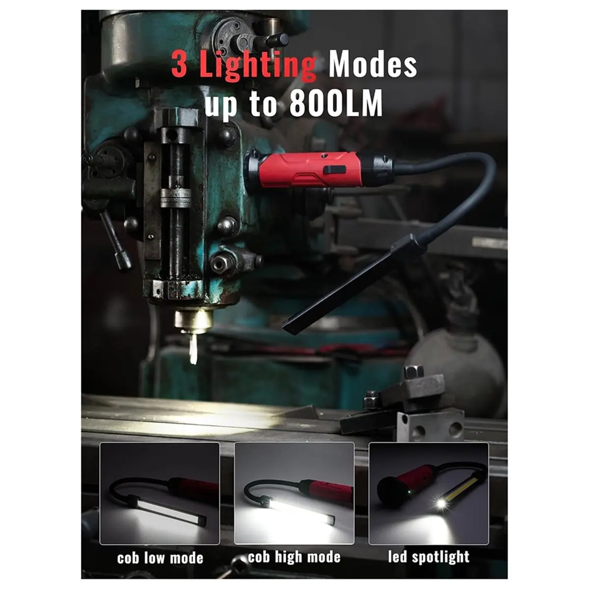 

LED Work Light with Magnetic Base, Flexible Gooseneck, 3 Modes for Auto Repair, Lathe, Gift for Men