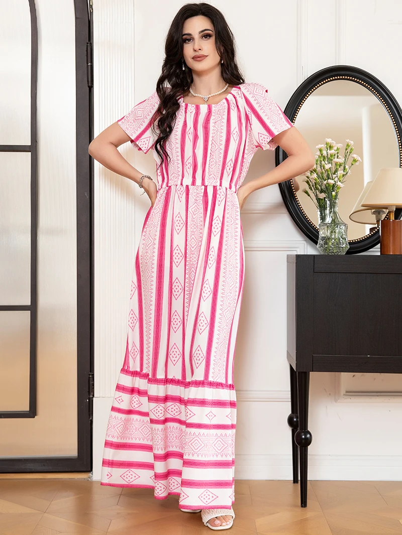 Style de vacances col rond géométrie abstraite manches Raglan robes longues robes roses