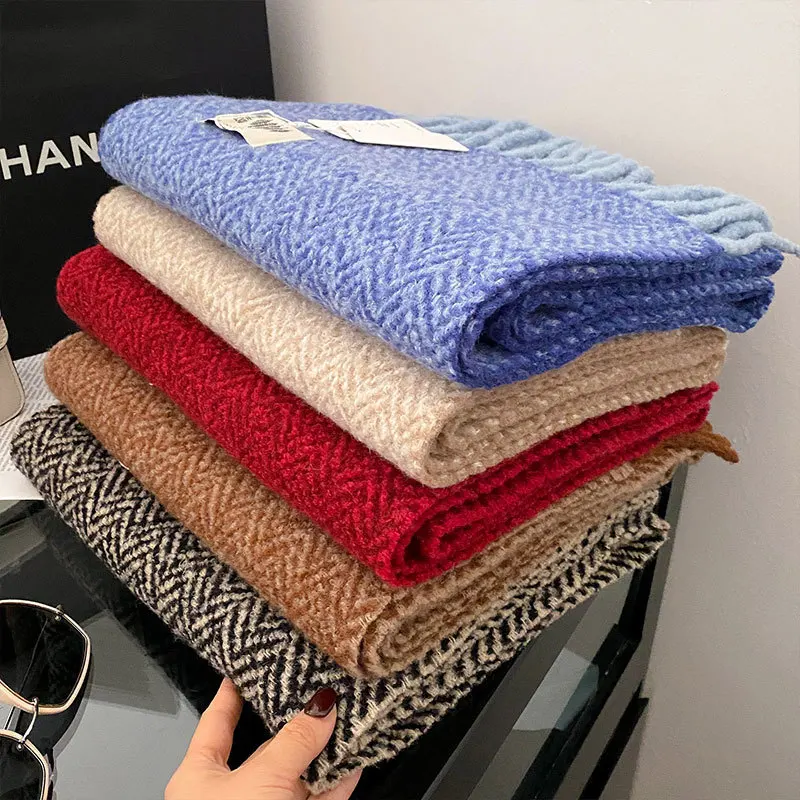 New Herringbone Gradient Tassel Scarf for Women Men, Thick Warm Winter Shawl, Versatile Dual-use Neck Wrap Shoulder Cover