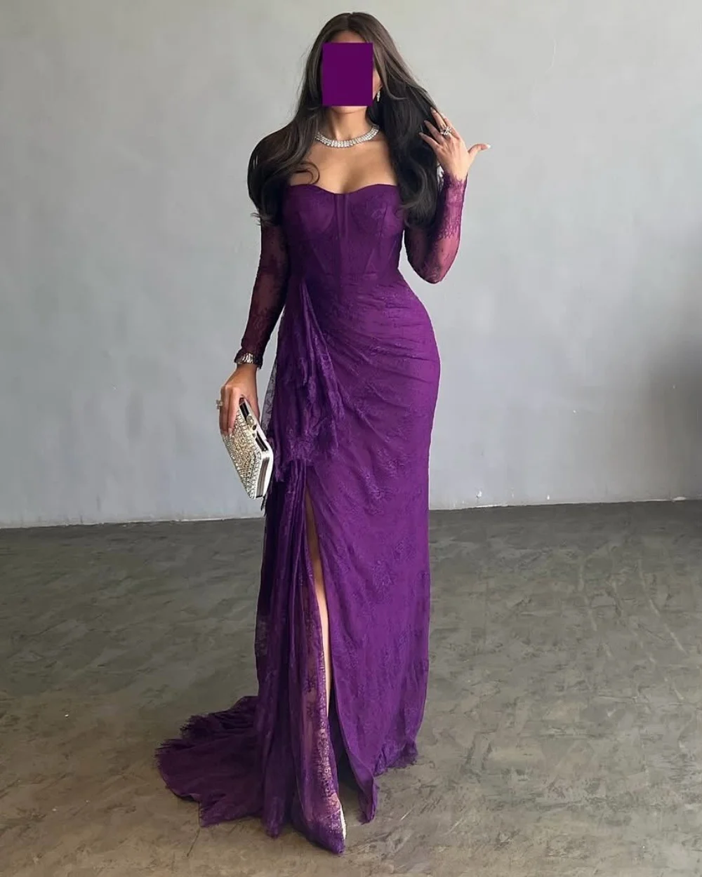 

Customized Lace Pleat Sweetheart Neck Trumpet Floor-length Chic Violet Evening Dress Bespoke Occasion Party Gown Elegant