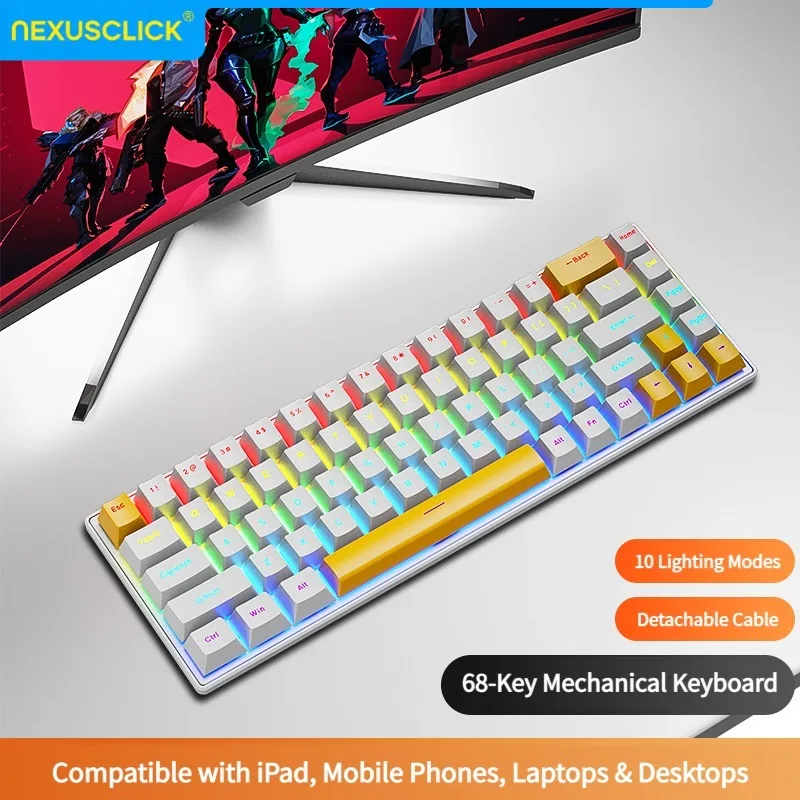 NexusClick K68 60% Layout Red Switch Wired Mechanical Keyboard,RGB Light Ergonomic Curved Keycaps Hot Swap Optional for PC Gamer