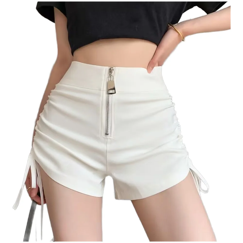 High-Waisted Women's Short Constructed from Polyester with Drawstring Waist Pleated Accents and Front Zipper Feature