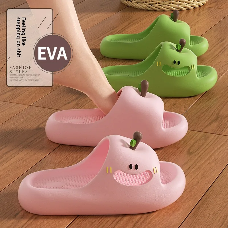 Cartoon Apple Thick Bottom Indoor Slippers Women Summer 2026 Soft Cloud EVA Home Slippers Woman's Cute Candy Color House Slides