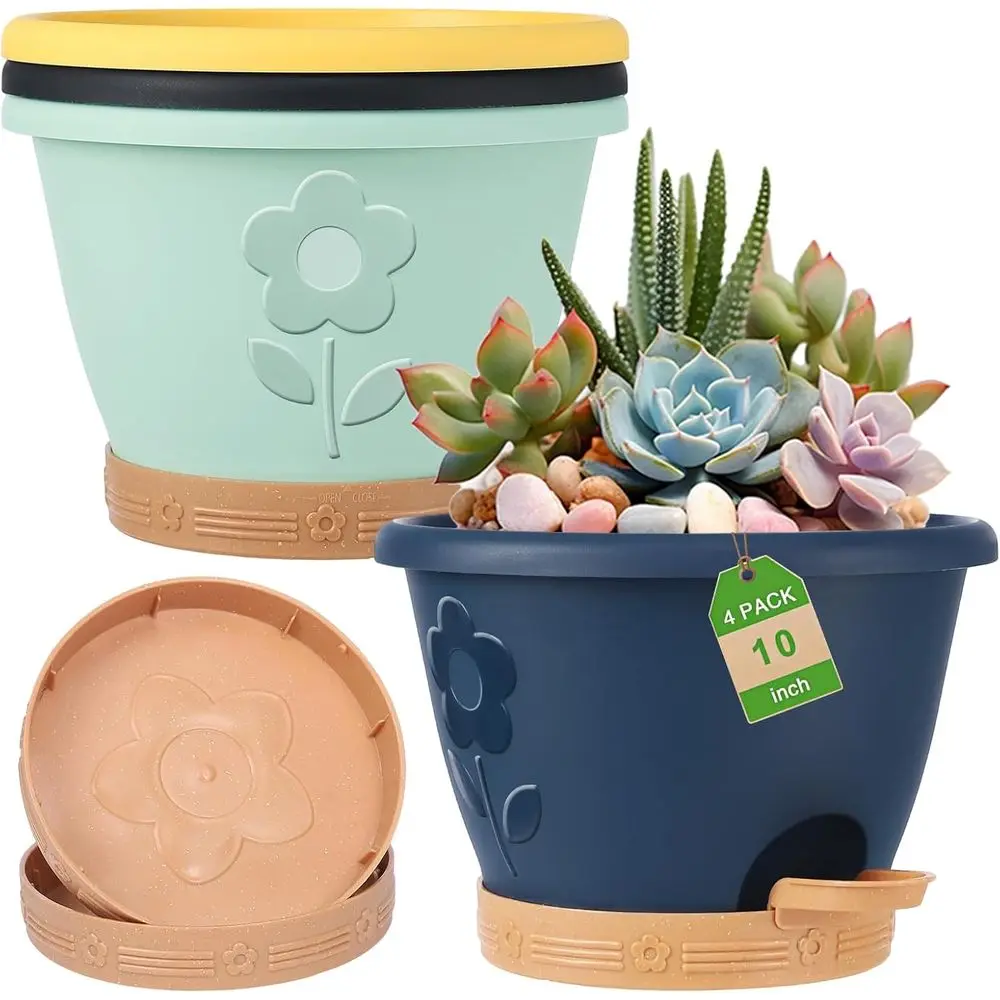 10 Inch Set of 4 Multicolor Plastic Plant Pots with Drainage, Watering Saucer, and Reservoir for Indoor/Outdoor Use