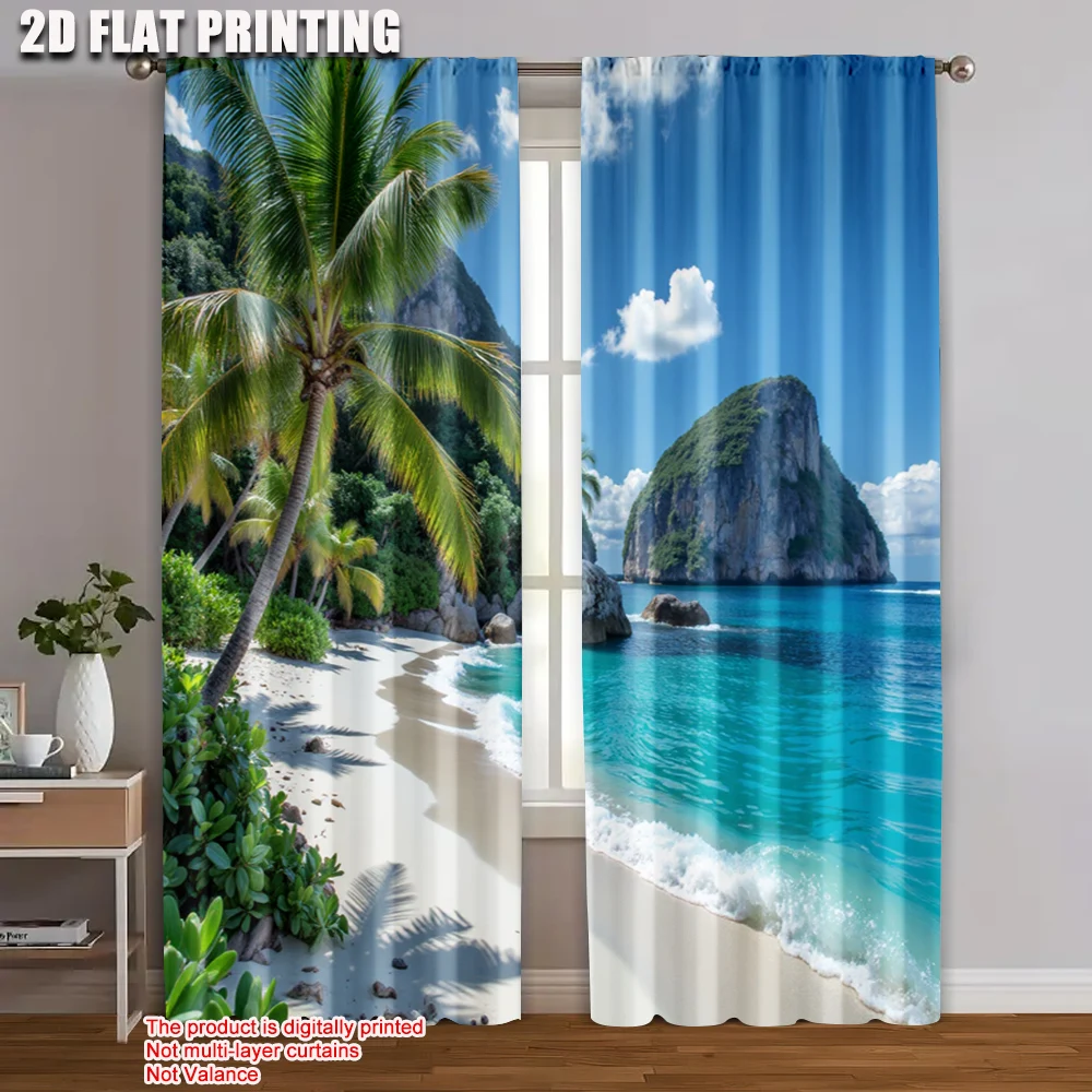 2 Stück 2D-Flachdruck-Partyvorhänge Tropical Beach Paradise Langlebiger 100 % Polyesterstoff, ohne Strom Vielseitige Verwendung für