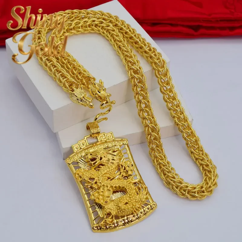

ShinyGold Jin Yicheng 24K real gold men's circle cloth dragon head necklace with Longteng Sihai 9999 pendant