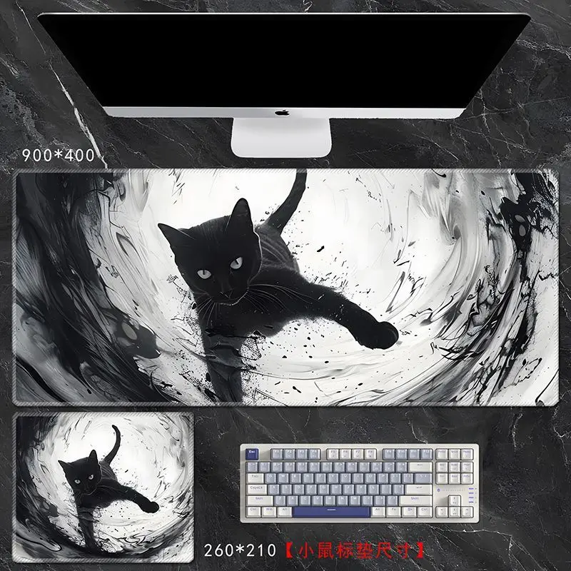 ミニマリスト美的猫大型マウスパッド - XXL 厚いデスクマット オフィス用、ブラックキャットキーボードカバー ラップトップ用 (滑り止め)