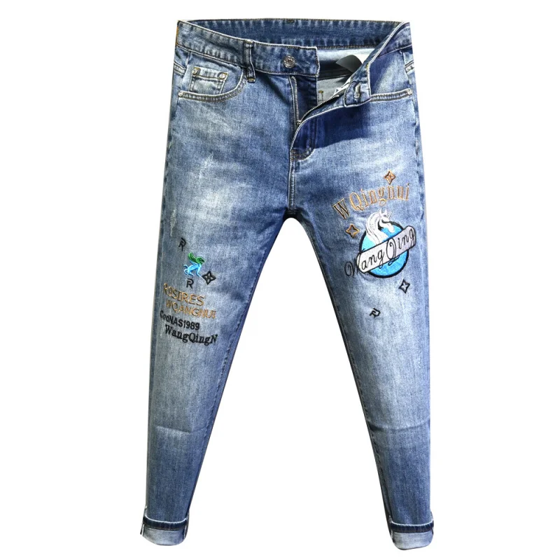 2025 Summer Thin Men's Jeans Light Luxury High end Embroidered Printed Slim fit Small Foot Casual Nine Leg Pants
