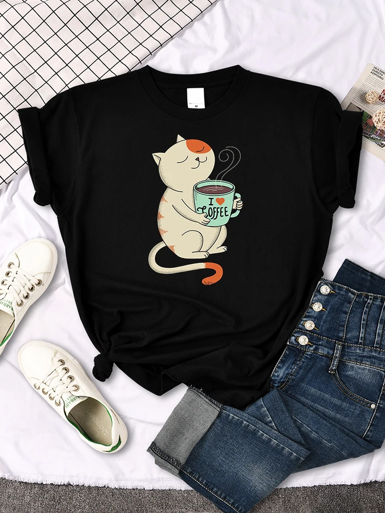 I Love Coffee Orange Cat Print women's T-shirts Travering Slim T Shirts Cartoons Fit Tees Shirts Sports Casual women's T Shirts