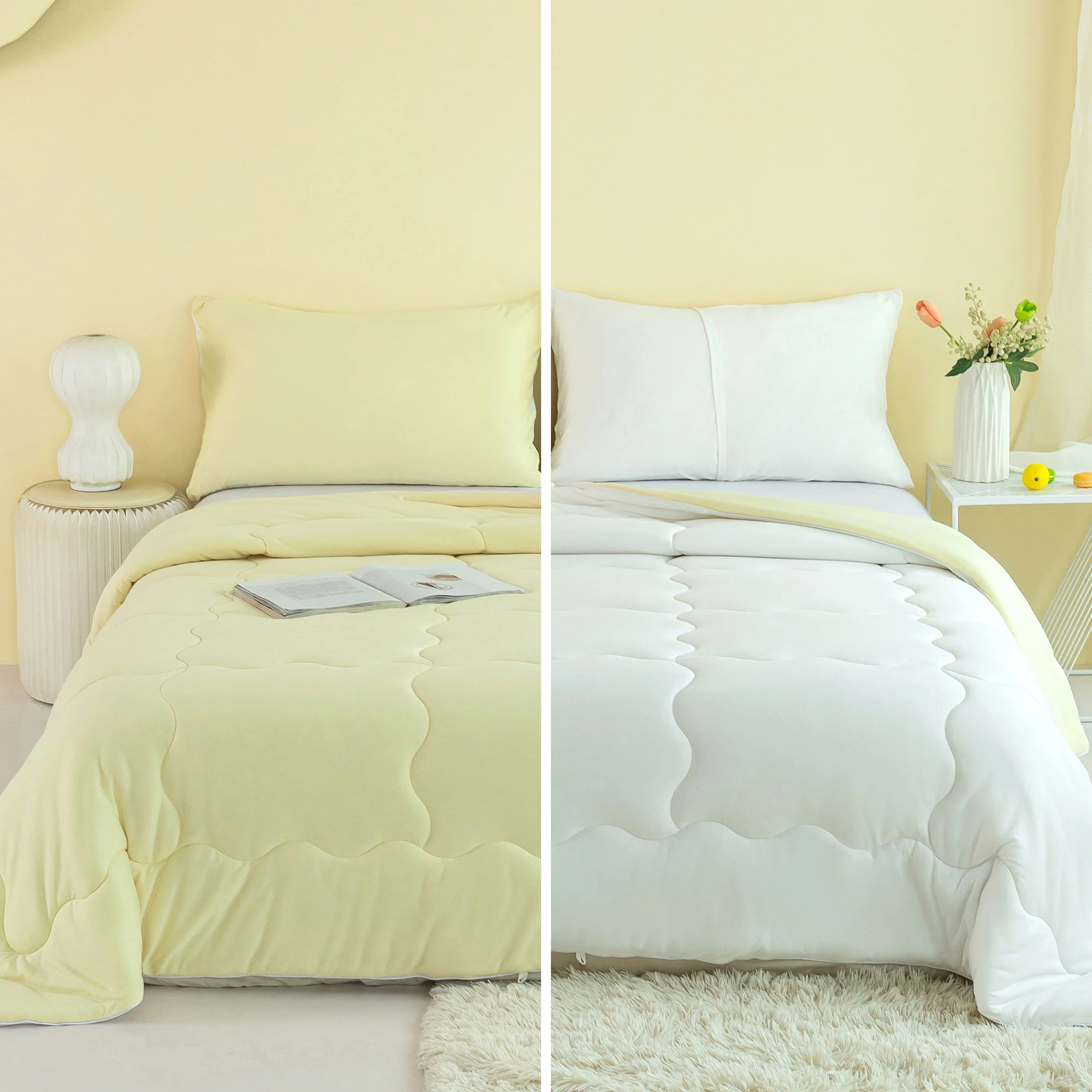 

Reversible Comforter Set All Seasons,Jersey Knit Cotton Soft Fluffy Shabby White and Yellow Twin XL Size