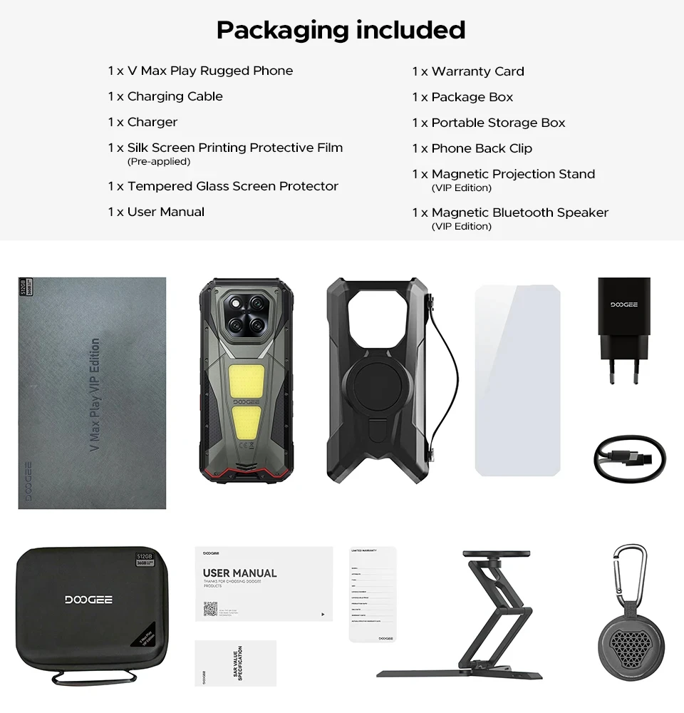 DOOGEE V Max Play Projector Rugged Phone 16GB+512GB 20500mAh 200MP Smartphon 5G 6.78" Display Dual Camping Lights Android 15 NFC