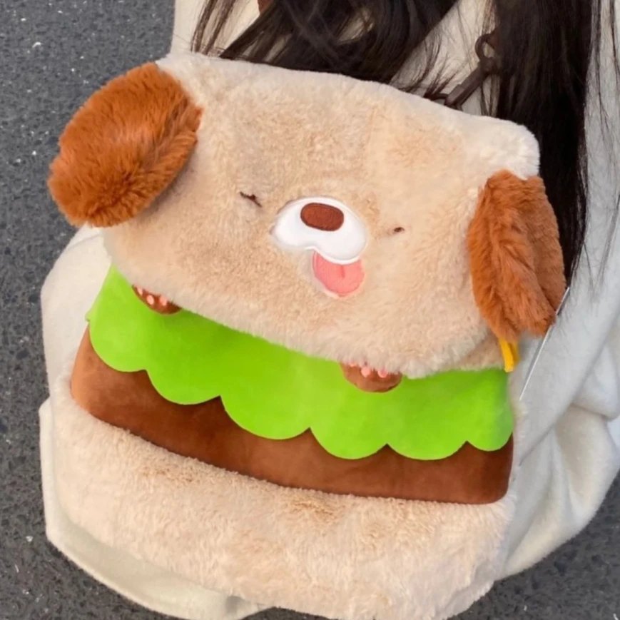 Japanese-style Cute Plush Puppy Hamburger Backpack Large-capacity Storage Bag Student Schoolbag Kawaii Woman Bag Satchels