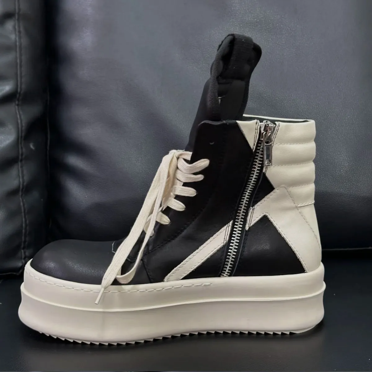 Ro Classic Designer Men Shoe Women Sneaker Full Black Leather Ankle Boot High Top Casual Shoes Zipper 6cm Thick Sole Boots