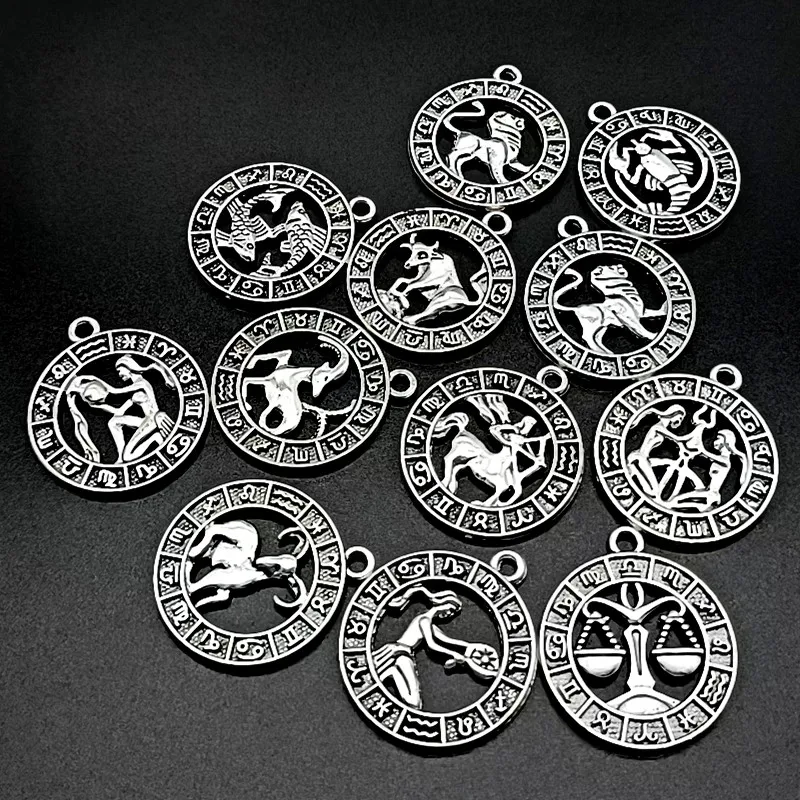 12pc Silver Color 24x21mm Twelve Constellations Charms Zodiac Pendant For DIY Handmade Metal Astrology Jewelry Making Accessorie