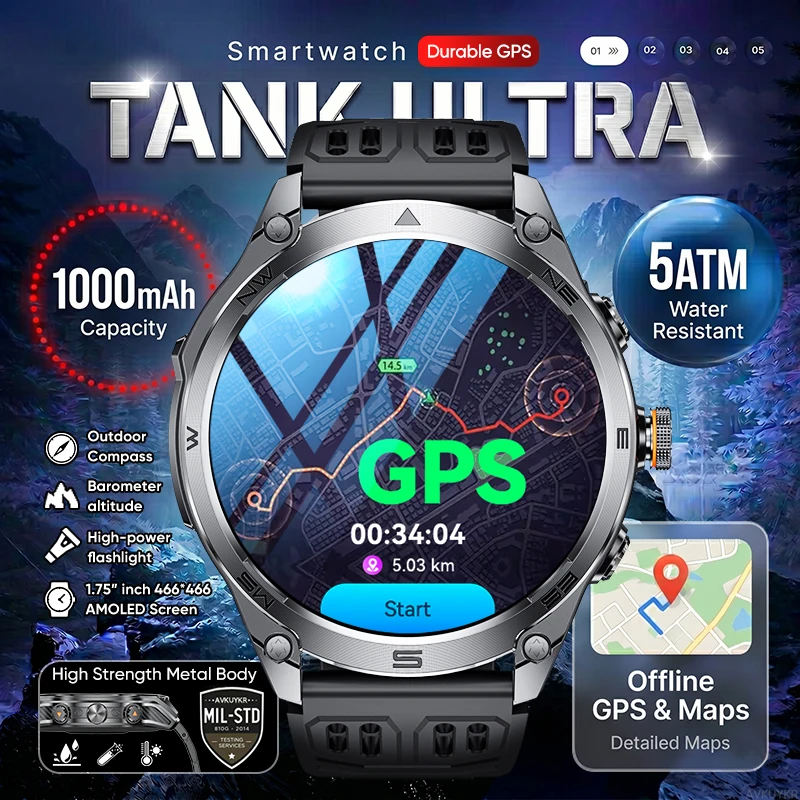 

Новые смарт-часы TANK Ultra GPS 2026 года: водонепроницаемость 5ATM, аккумулятор 1000 мАч, встроенный AGPS, отслеживание, компас, фонарик, для экспедиций