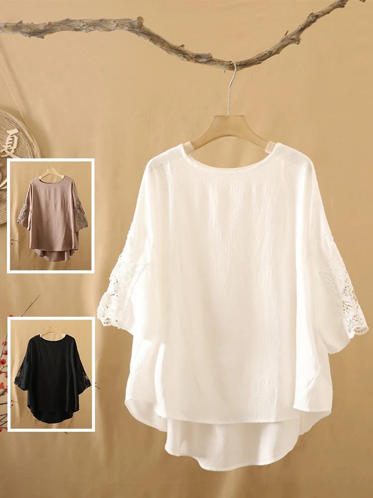 

plus Size Women's T-irt Lace Splicing Hollow out round Ne Seven Sve Slimming Top Faionable Casual Comfortable Fit