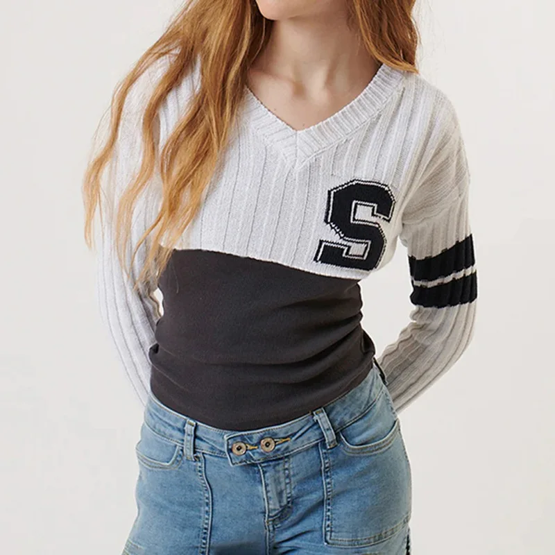 Europe and the United States collegiate style digital short woolen smock round neck casual 100 pullover long-sleeved blouse