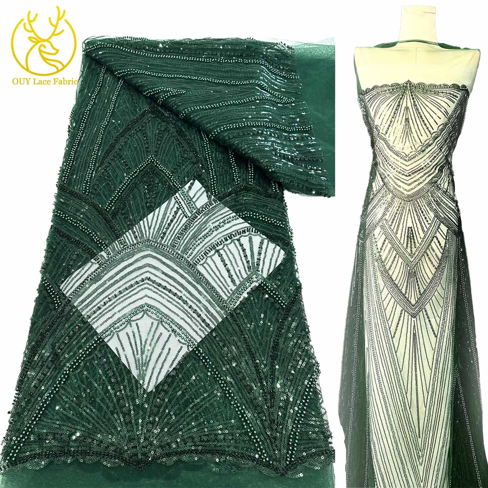 

2024 Роскошная зеленая нигерийская африканская кружевная ткань с бисером для шитья платьев, высококачественная французская кружевная ткань с вышивкой блестками