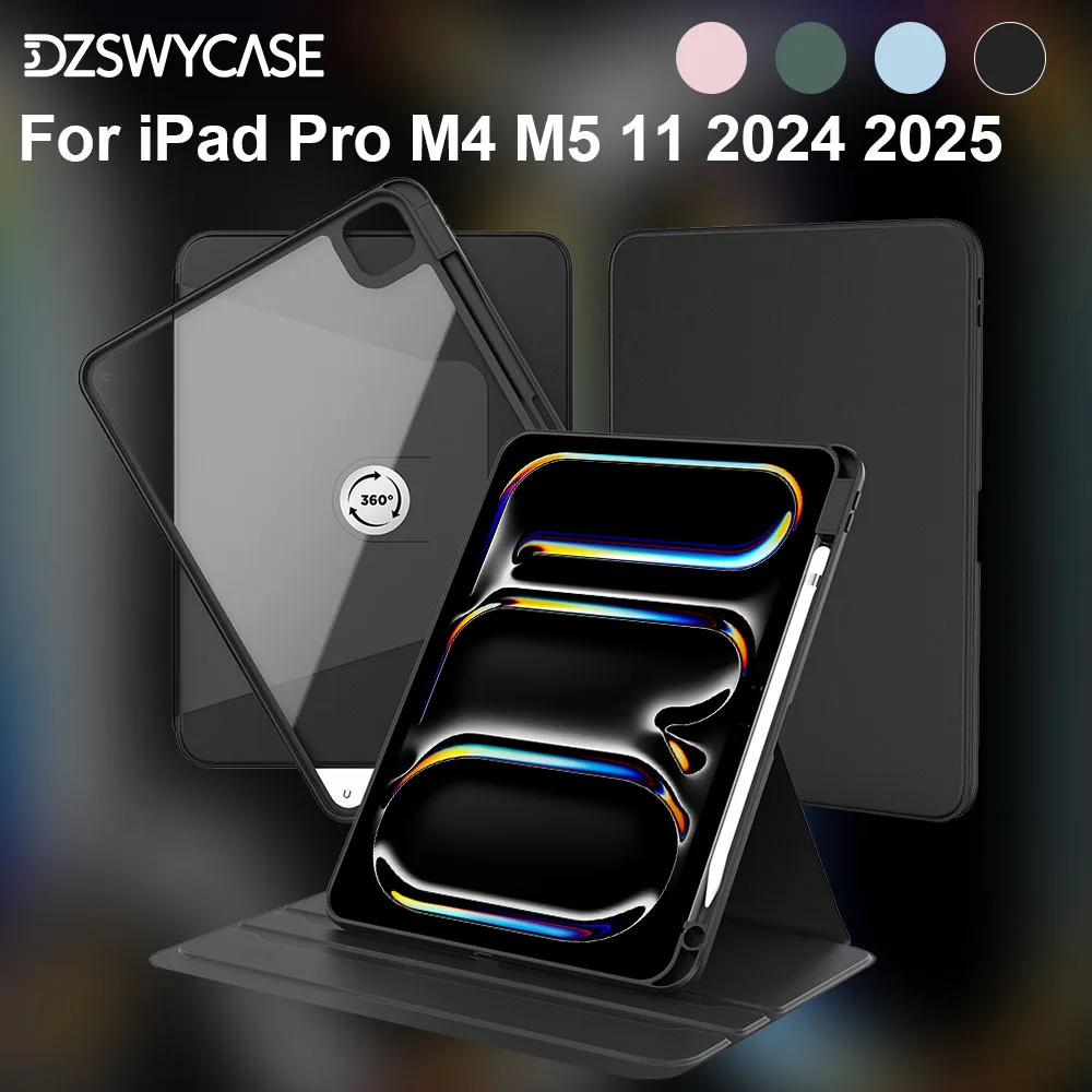 Rotating Case iPad Pro 11 inch M4/M5 2024 2025, with Pencil Holder, 360° Rotation Shockproof Case with Clear Hard Back Cover