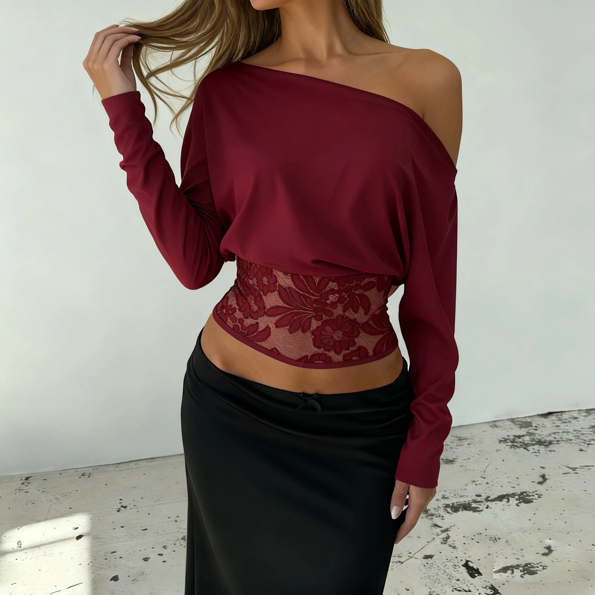 Elegant Patchwork Lace T-Shirt See Through Slim-Fitting Crew Neck Off-Shoulder Tees Women 2026 Fashion New （Two Design Styles）
